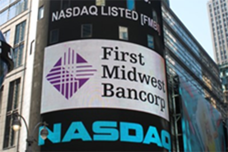 Photo of First Midwest Bank's logo on the NASDAQ scrolling sign
